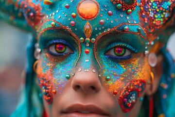 Wall Mural - Woman Wearing Elaborate Carnival Decorations, Stage Make Up, Face Jewellery, Beads, Gemstones, Glitter, Paint. Artistic, Ornamental, Alien, Vibrant Neon Colours, Extravagant Beauty. Movie Theatre Play