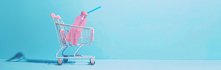 A shopping cart with a pink drink bottle and blue straw on a summery blue background