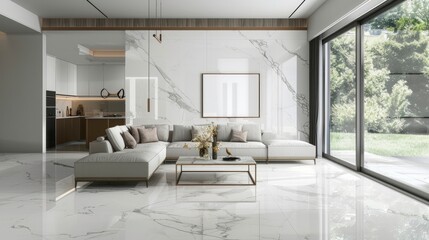 Modern living area including sliding doors, a white sofa and coffee table, and a kitchen-inspired wall mockup frame in the background