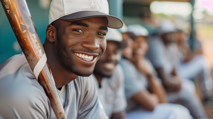 Baseball, sports, and face with a man holding a bat in a dugout with teammates. Image of a joyful, fit baseball player on the bench.