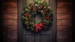 Rustic Christmas wreath hanging on an ornate wooden front door, detailed textures visible, high-resolution portrait for holiday decor