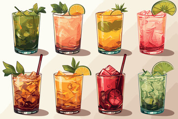 Set of summer cocktails. Banner. Alcoholic and non-alcoholic fruit cocktails