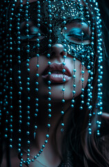 Wall Mural - Blindfolded fashion model wearing eyes mask made of silver beads, dark light, dramatic low light 