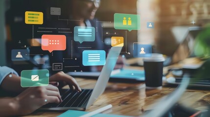 a businesswoman uses a laptop to communicate with her team through a social network.