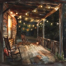 A Watercolor Painting Of A Porch With Two Rocking Chairs And A String Of Lights.