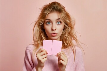 Canvas Print - A woman is holding two pink cards in her hands and has a surprised expression on her face. The pink cards could be related to a special occasion or event