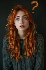 Canvas Print - A woman with long red hair is wearing a green sweater and looking at the camera with a questioning expression