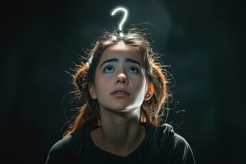 Canvas Print - A woman with long hair is looking up at the camera with a question mark on her forehead. The image has a mysterious and curious mood, as if the woman is pondering something important or unknown