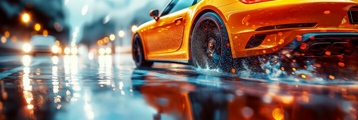 Wall Mural - rear wheel of fast moving car with motion blur on wet slippery asphalt close-up. Luxury orange sports car in city