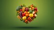  A heart-shaped arrangement of assorted fruits and vegetables neatly displayed on a table, showcasing vibrant colors and textures. 