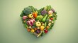A heart-shaped arrangement of various fruits and vegetables is displayed, showcasing a colorful and appealing combination of produce.