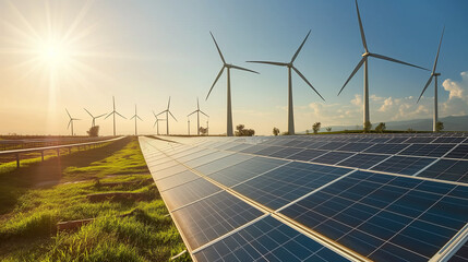 Wall Mural - A Beautiful Solar Panels with Wind Turbines in an Evening Scene