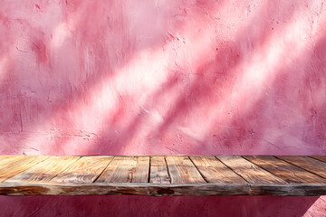 Wall Mural - A pink wall with a wooden shelf on it