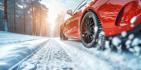 Wall Mural - rear wheel of a car on a snowy road close up. Red car rides on a highway in winter in forest