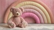 Festive template of a cute baby greeting card with a teddy bear in pastel colours, newborn, rainbow and plush teddy bear. Newborn, welcome baby  girl. 
