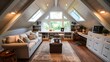 A cozy attic loft transformed into a versatile space for hobbies and relaxation, featuring skylights, built-in storage