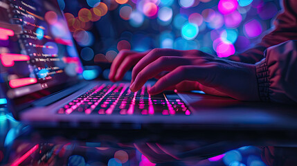 Wall Mural - modern technology concept, human hands working on screen of an ipad with dotted lights showing wireless connection, Time, eternity, universe concept