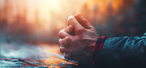 Praying hands with faith in religion and belief in God on dark background 3d render