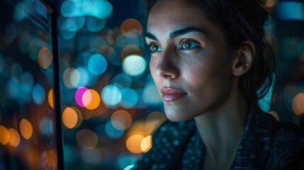 Wall Mural - Nighttime office woman uses computer for SEO planning, research, or startup agenda. Female working overtime on desktop, online, and website internet analytics data.