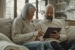 Tablet, rest, and senior couple Internet, social media, or mobile app networking on sofa. Internet conversation and older guy and woman browsing in living room.