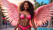 A black angel in a pink bikini