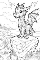 Wall Mural - Cute little dragon with wings standing on the rock coloring page for children. Black and white picture. AI Generated 