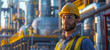 A handsome male engineer wearing a yellow safety helmet and blue vest is standing in front of an industrial plant