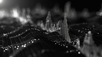 3d rendering of a cityscape made of glowing white dots connected by a network of lines on a dark background