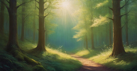 Wall Mural - Beauty nature outdoors woodland morning with magic sun, fantasy paradise path for meditation