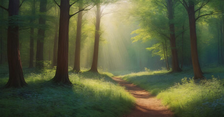 Wall Mural - Beauty nature outdoors woodland morning with magic sun, fantasy paradise path for meditation