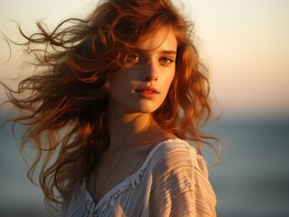 Sticker - Young woman enjoying a serene sunset by the sea