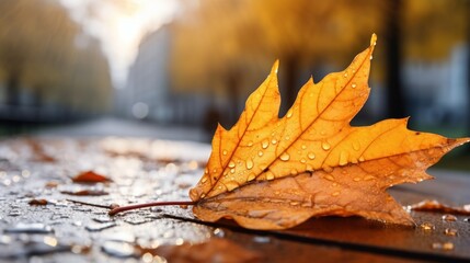 Poster - Autumn leaf on a wet surface with sunlight filtering through