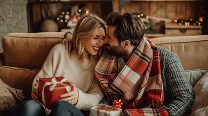 Wall Mural - a couple on a couch giving each other gifts