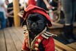 Adorable black puppy dressed in a pirate costume on a busy deck