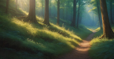 Wall Mural - Beauty nature outdoors woodland morning with magic sun, fantasy paradise path for meditation