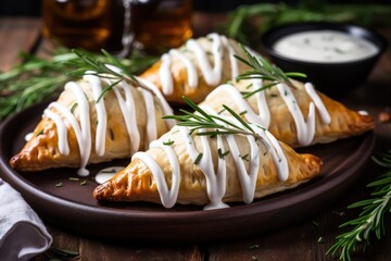 Wall Mural - Delicious puff pastries with creamy topping and fresh herbs on wooden table