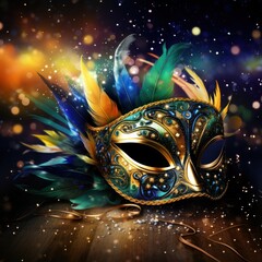 Poster - Elegant Venetian Mask with Colorful Feathers on a Sparkling Background