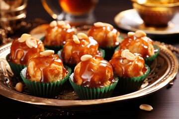 Wall Mural - Delicious caramel glazed desserts on elegant serving tray