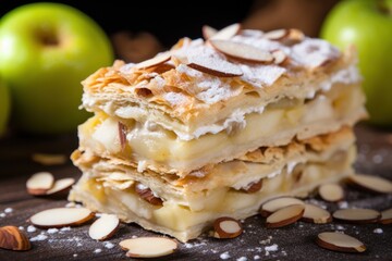 Wall Mural - Delicious apple strudel with creamy filling and almond topping