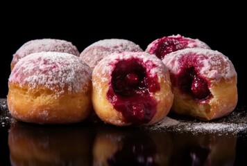 Wall Mural - Delicious sugar-dusted jelly doughnuts with a bite taken out