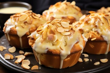Wall Mural - Delicious almond-topped pastries with creamy icing