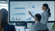 © Irina - Conference presentation in an office conference room: a businesswoman speaks, uses a wall-mounted TV to show the company's growth through big data analysis, graphs, charts, infographics.