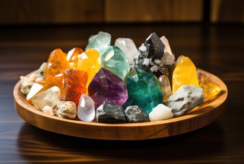 Wall Mural - Assorted colorful gemstones on a wooden platter