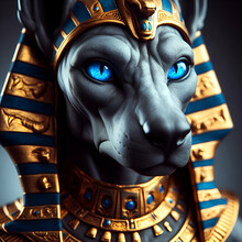 Sacred Fantasy Portrait Of Blue Eyed Ancient Egyptian Terrible Fantasy Character Of Desert Egypt God Of Death Guard Guardian Guide Jackal Dog Protector Anubis Wearing Gold Accents Geometry Dead World 