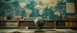 Educational background with a world map, educational books, and a globe in a classroom