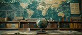Fototapeta Kwiaty - Educational background with a world map, educational books, and a globe in a classroom