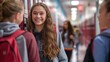 © Julien - Smiling Teenage Girl Chatting With Friends in High School Hallway During Break
