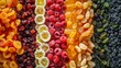 assorted candied berries, dried fruits, nuts and seeds, top view. healthy food background
