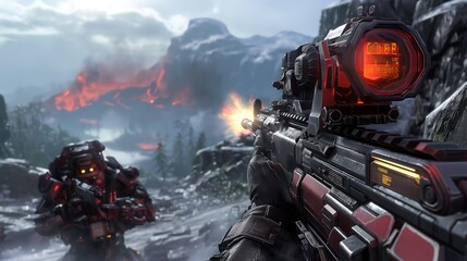 First-Person View of a Sci-Fi Soldier Shooting in a Snowy Volcanic Terrain