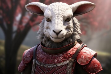 Wall Mural - Fantasy sheep warrior in ornate armor standing in a mystical landscape